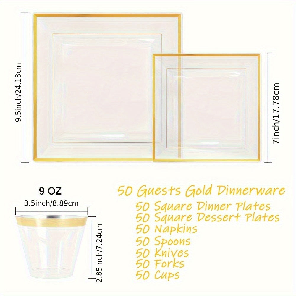 350pcs, Tableware Set, Golden Party Supplies, Plastic Dinnerware Set, Including Napkins, Cups. Plates, Spoon, Forks, Knives, Serve 50 Guests For Birthday And Party