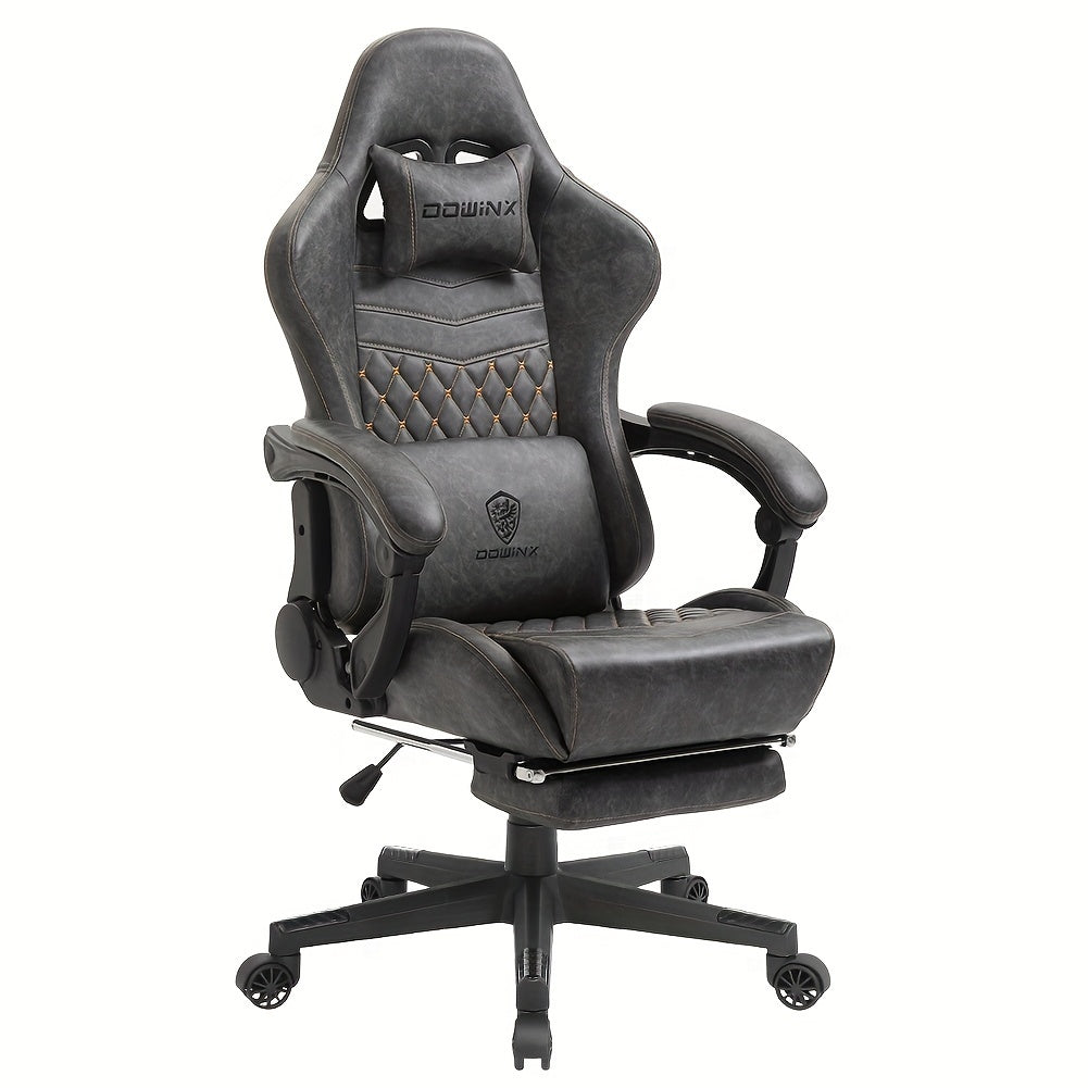 Dowinx Gaming Chair Office Desk Chair with Massage Lumbar Support, Vintage Style Task Chair PU Leather E-Sports Gamer Chair with Retractable Footrest