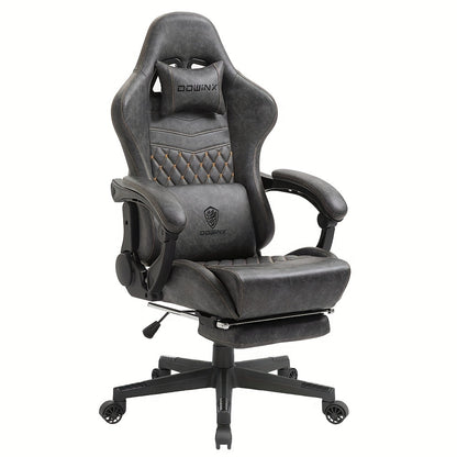 Dowinx Gaming Chair Office Desk Chair with Massage Lumbar Support, Vintage Style Task Chair PU Leather E-Sports Gamer Chair with Retractable Footrest