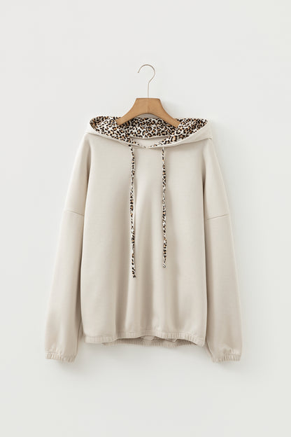 Jet Stream Leopard Contrast Drawstring Hood Drop Shoulder Loose Top