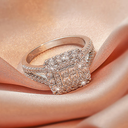 [Large Multi Row Rings] White Synthetic Zirconia Large Multi Row Rings | Stylish Couples Jewelry, Wedding Gifts, Holiday Accessories, Elegant Plated Luxury Statement Rings