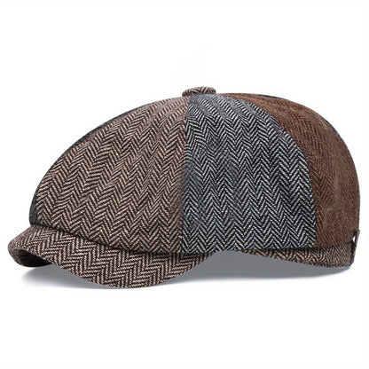 Retro-Schiebermütze im Fischgrätmuster für Herren – Schwarze, lässige Baskenmütze im Vintage-Stil, aus gestricktem Polyester, perfekt für Valentinstag und als Alltagsmütze | Vintage-Schiebermütze | Strickstruktur