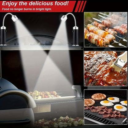 Set of 2 Magnetic LED Lights for BBQ Grilling, Featuring 360° Flexibility, Multi-Color Options, And Dual Light Heads - Perfect for Outdoor Cooking, Made of Aluminum Alloy, And Powered by Batteries (Included)