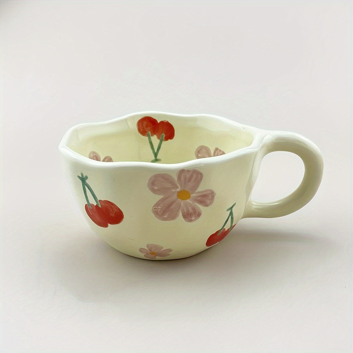 Ceramic Coffee Cups | Hand Pinched Irregular Flower Milk Tea Cup, Korean Style Oatmeal Breakfast Mug, Insulated, Reusable Drinkware for Adults