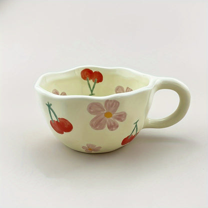 Ceramic Coffee Cups | Hand Pinched Irregular Flower Milk Tea Cup, Korean Style Oatmeal Breakfast Mug, Insulated, Reusable Drinkware for Adults