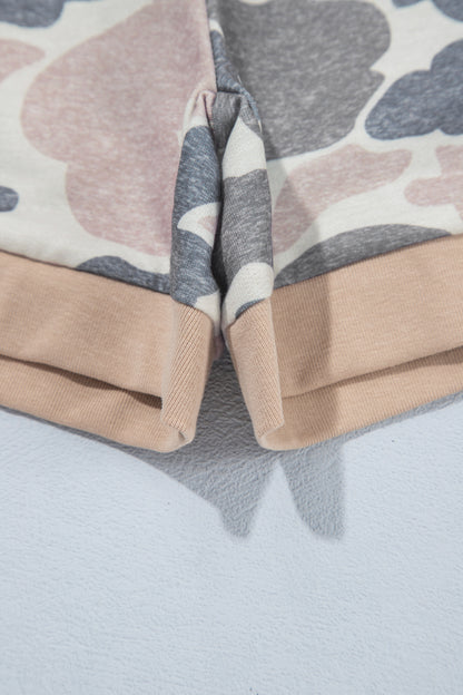 Multicolour Camouflage Patchwork Colorblock 2pcs Long Sleeve Top and Shorts Set