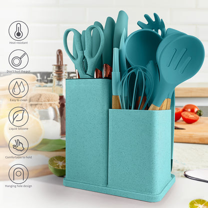 19-Piece Premium Heat-Resistant Silicone Kitchen Utensil Set With Wooden Handles, Chef Knifes, Non-Stick Friendly Cooking Tools, and Bamboo Storage Bucket