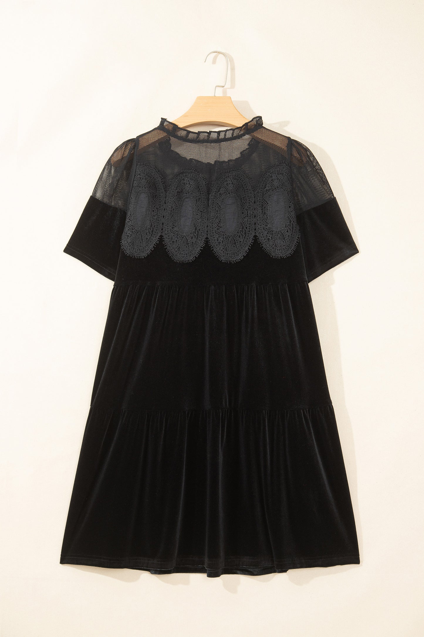 Black Embroidered Velvet Short Sleeve Mini Shift Dress