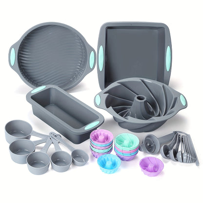 45pcs Silicone Baking Set, Nonstick Bakeware Set Baking Cookie Sheets Cake Muffin Bread Pan, Loaf Pan, Cake Pan, Pizza Pan, Mini Cupcake mold, Bundt pan, Charlotte Cake Pan, Measuring Cup and Spoon