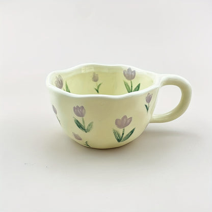 Ceramic Coffee Cups | Hand Pinched Irregular Flower Milk Tea Cup, Korean Style Oatmeal Breakfast Mug, Insulated, Reusable Drinkware for Adults