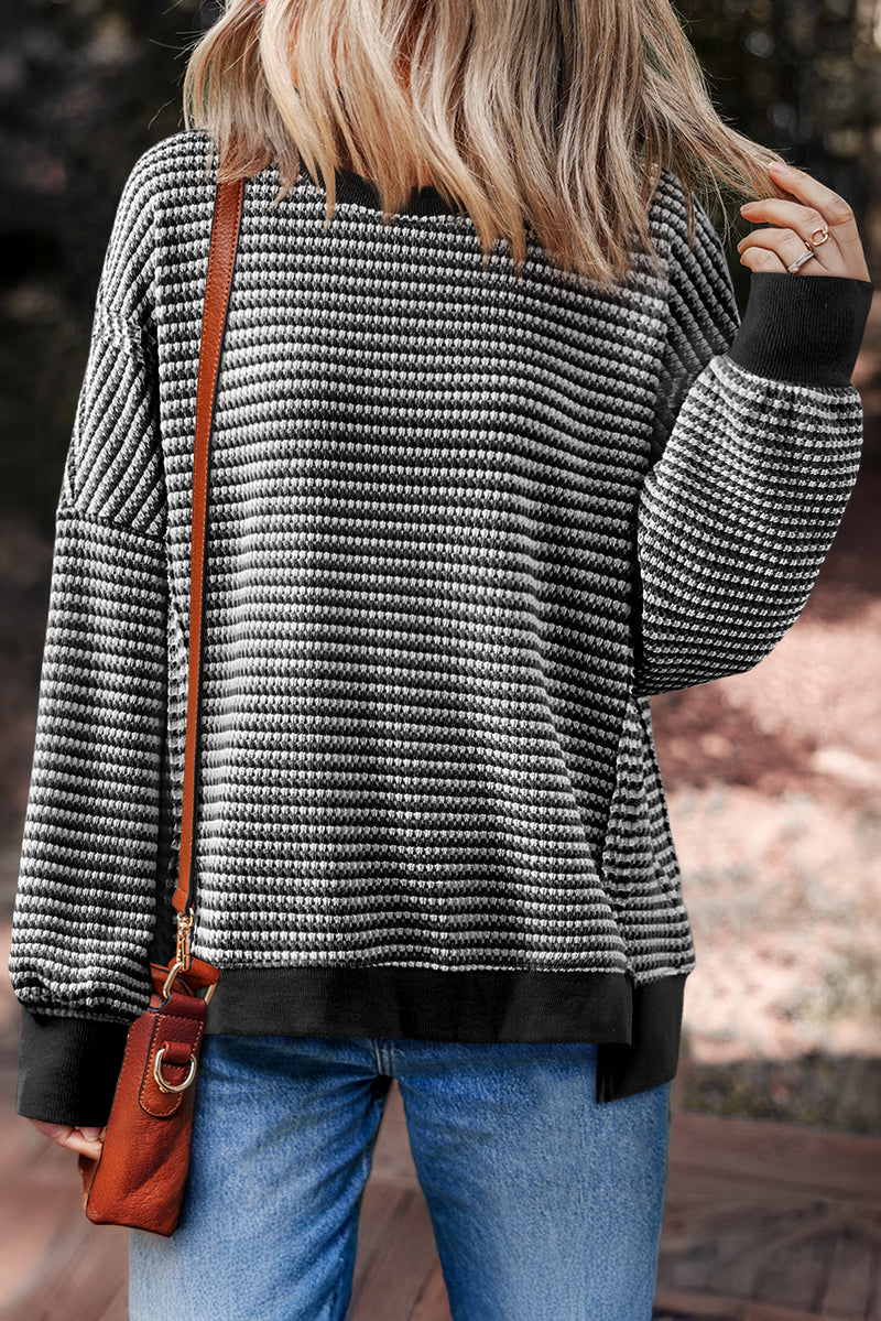 Black Stripe Ribbed Trim Drop Shoulder Long Sleeve Oversize Top