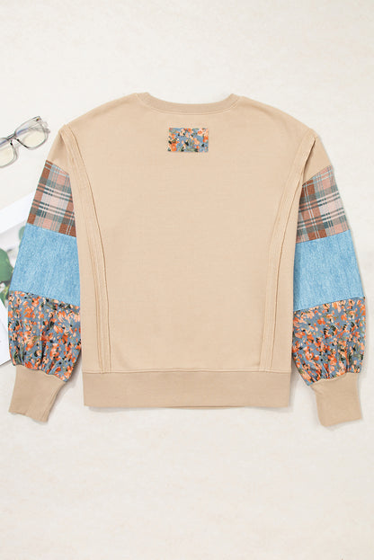 Smoke Gray Plaid Colorblock Patchwork Sleeve Raw Seam Sweatshirt