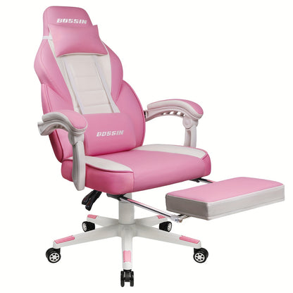 BOSSIN Gaming Chair With Massage, PU Leather Computer Desk Chair With Footrest And Headrest, Ergonomic Heavy Duty Design, Large Size High-Back E-Sports - For Gamers - Suitable for Long Hours of Gaming - Perfect Gift for Gamer