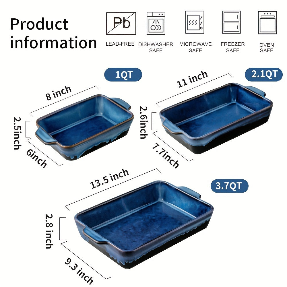 3pcs Bakeware Set, Ceramic Baking Dish Set, Rectangular Casserole Dish Set, Lasagna Pan, Baking Pans Set for Cooking, Cake Dinner, Kitchen, 9 X 13 Inches, Reactive Glaze 3pcs (Nebula Blue) KOOV