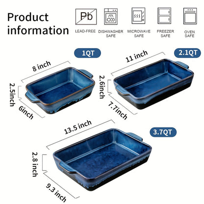 3pcs Bakeware Set, Ceramic Baking Dish Set, Rectangular Casserole Dish Set, Lasagna Pan, Baking Pans Set for Cooking, Cake Dinner, Kitchen, 9 X 13 Inches, Reactive Glaze 3pcs (Nebula Blue) KOOV
