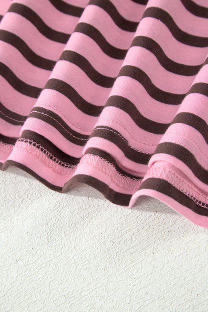 Rose Stripe Striped V-Neck Ribbed Collar Cuff Gathering Puff Sleeve Top