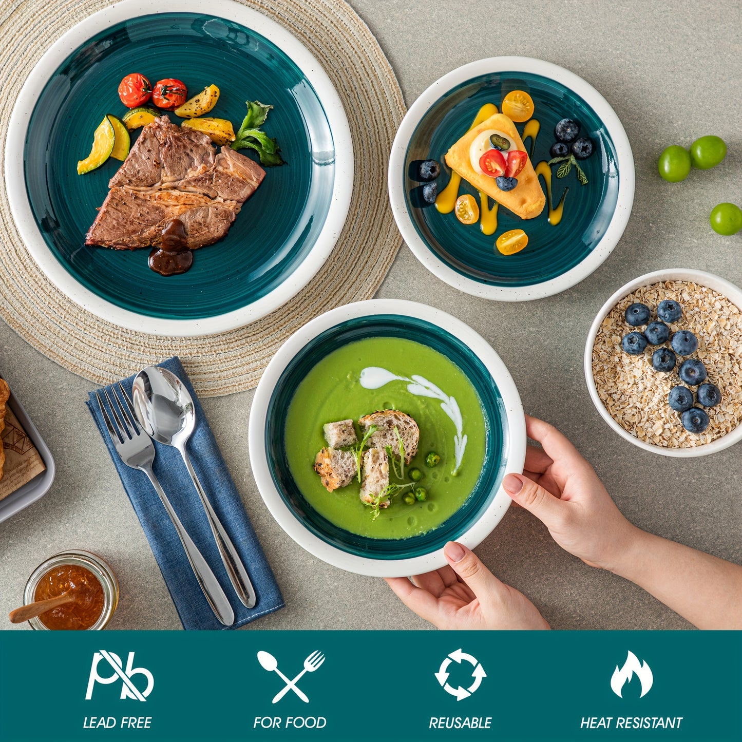 16-Piece Green Ceramic Dinnerware Set - Durable Porcelain, Stylish Glaze, Perfect for 4 - Includes Plates, Bowls & Mugs, Ideal for Everyday Use & Entertaining