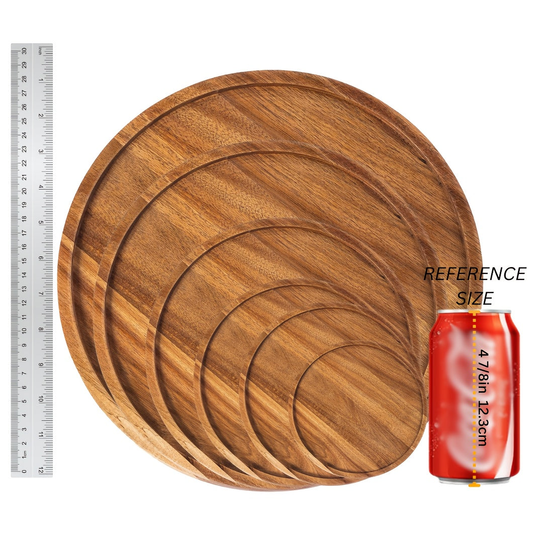 1pc Acacia Wood Plate, Round Wooden Serving Tray For Snacks, Fruits, Desserts, Rustic Dinnerware, Kitchen And Dining Accessories, Table Decors