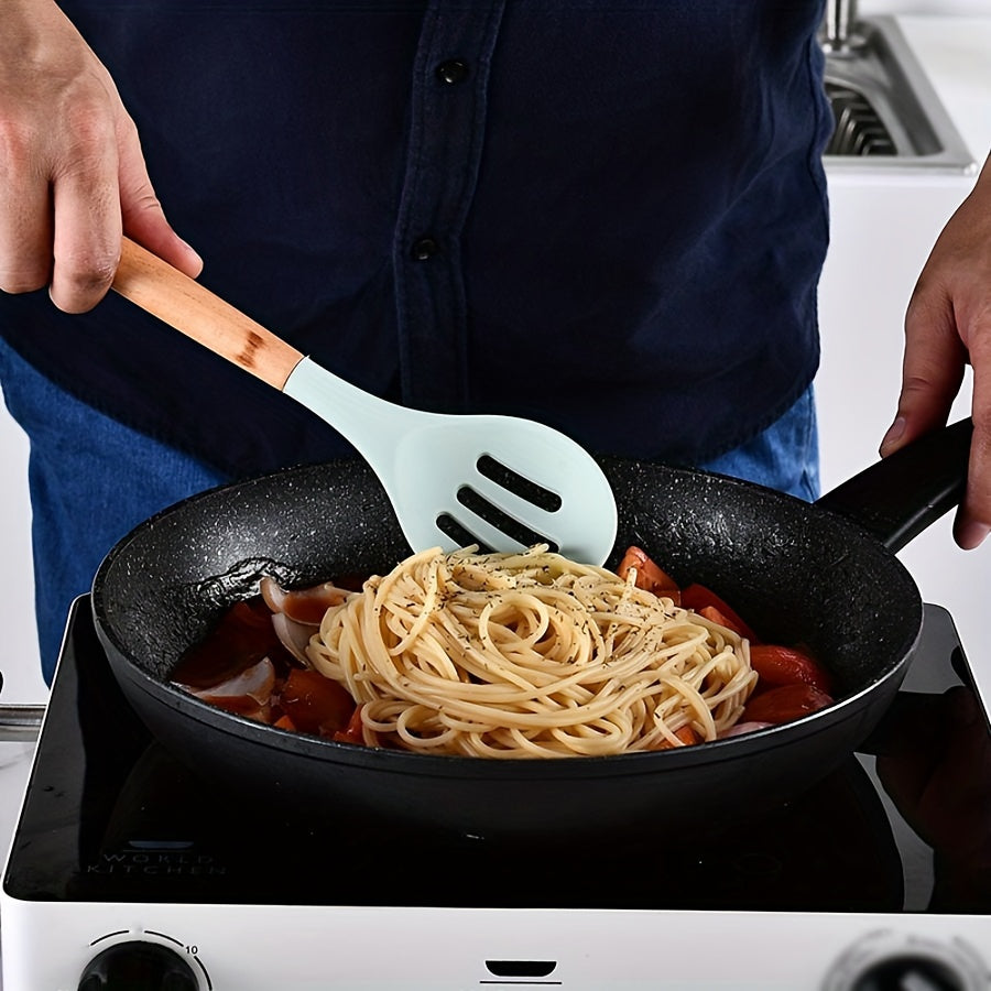 12pcs/set, Brodark, Silicone Cooking Utensils Set With Wooden Handle, Colorful Non-stick Pot Special Cooking Tools Set, Heat Resistant Turner, Tongs, Spatula, Spoon, Oil Brush And Whisk, Kitchen Supplies, Suitable For Restaur