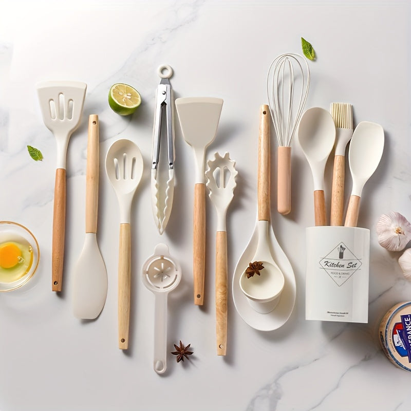 [Non-stick Pot Baking Set] Brodark 12pcs Set, Wooden Handle Silicone Kitchenware Set, Kitchen Baking Cooking Tools Set High Temperature Resistant Non-stick Pot Special Kitchenware, Kitchen Stuff Baking Supplie