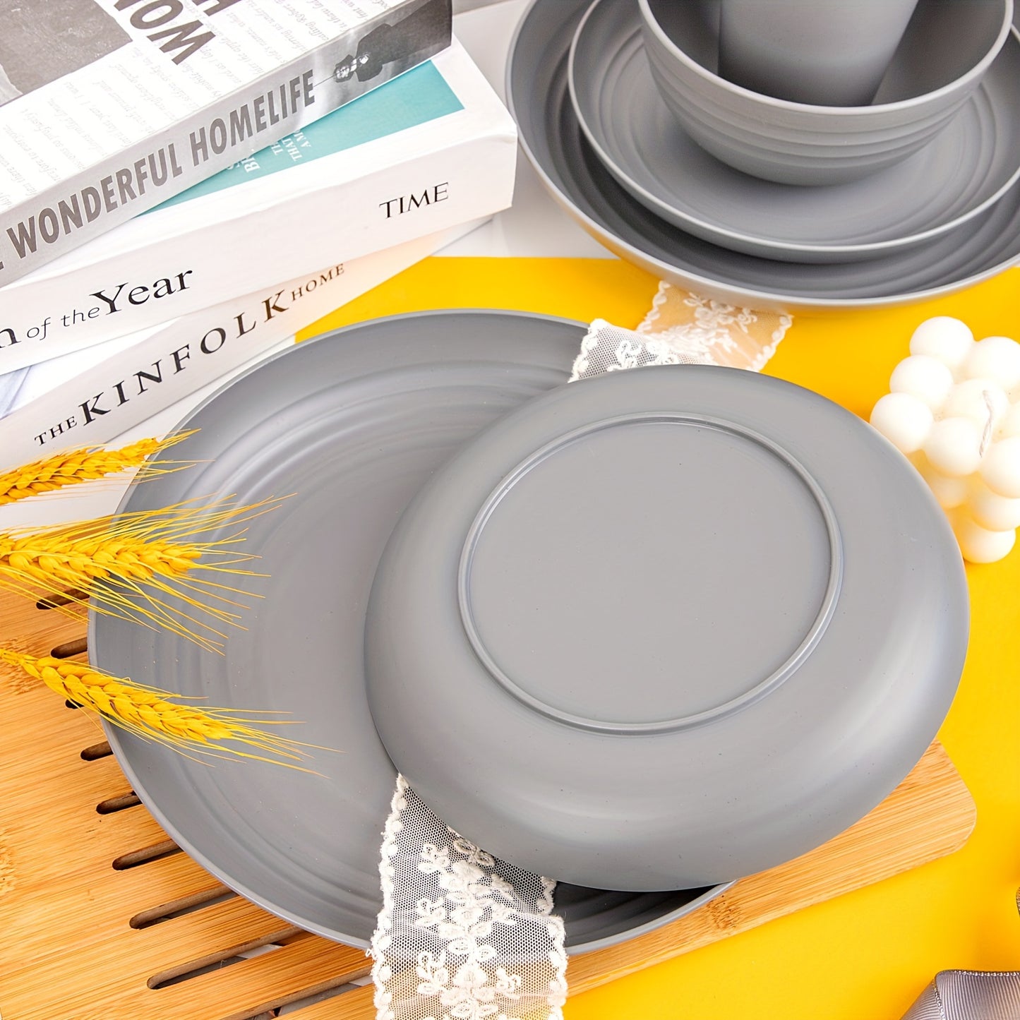 48pcs Gray Straw Dinnerware, Plates And Bowls Set, Camping Dish Set For 12, Plastic Dinnerware Set, Dishwasher Safe Gray Dinnerware Set, Unbreakable Plates, Camper Dish Sets, Reusable Tableware