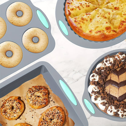 51/46 Pieces Silicone Bakeware Set, Non-Stick Kitchen Oven Baking Pans, Silicone Cake Molds with Muffin Pan, Cookies Baking Sheet, Cake Pan, Donut Pan and Loaf Pan  with 24 Pack Silicone Baking Cups, 17pcs Measuring Cups and