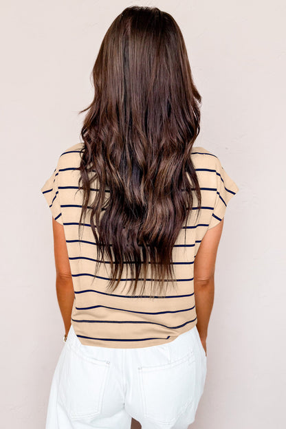 Khaki Stripe Mock Neck Short Sleeve Loose Top