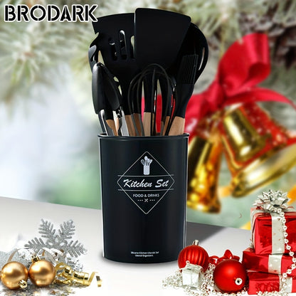 12pcs/set, Brodark, Silicone Cooking Utensils Set With Wooden Handle, Colorful Non-stick Pot Special Cooking Tools Set, Heat Resistant Turner, Tongs, Spatula, Spoon, Oil Brush And Whisk, Kitchen Supplies, Suitable For Restaur