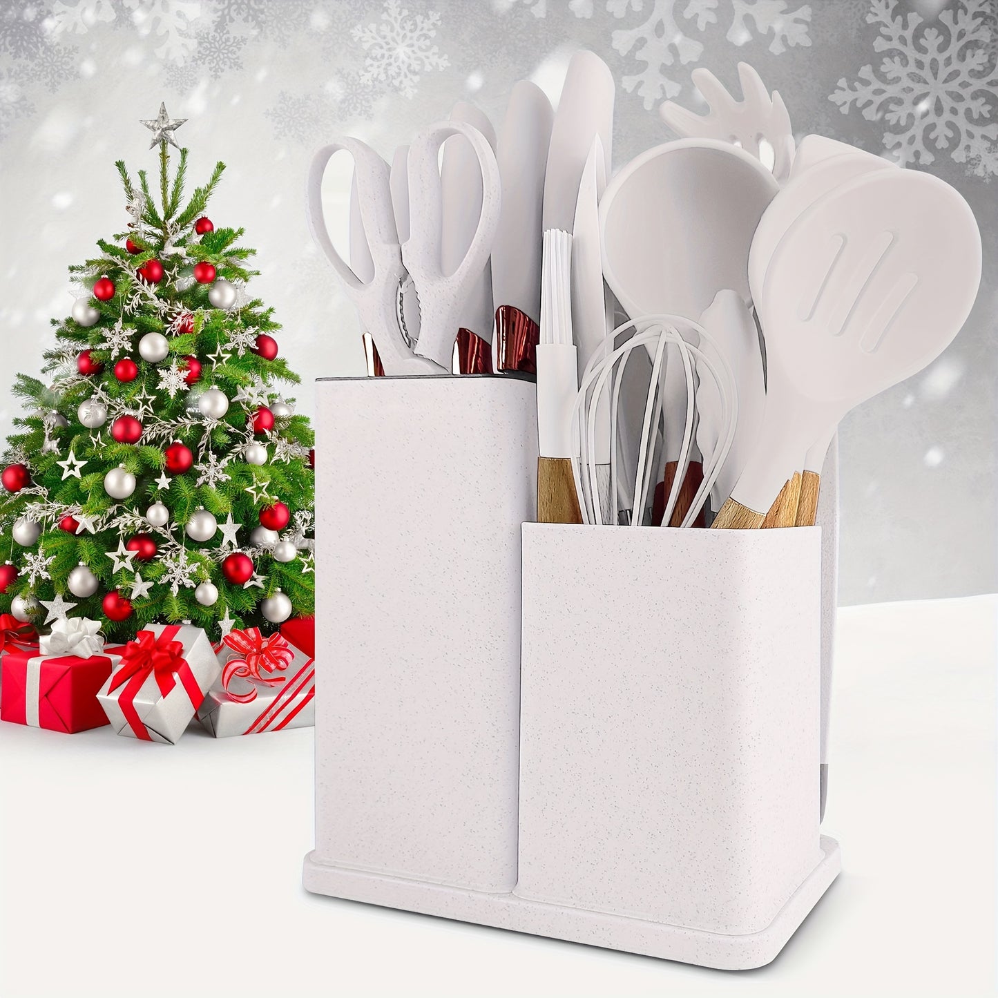 19-Piece Premium Heat-Resistant Silicone Kitchen Utensil Set With Wooden Handles, Chef Knifes, Non-Stick Friendly Cooking Tools, and Bamboo Storage Bucket