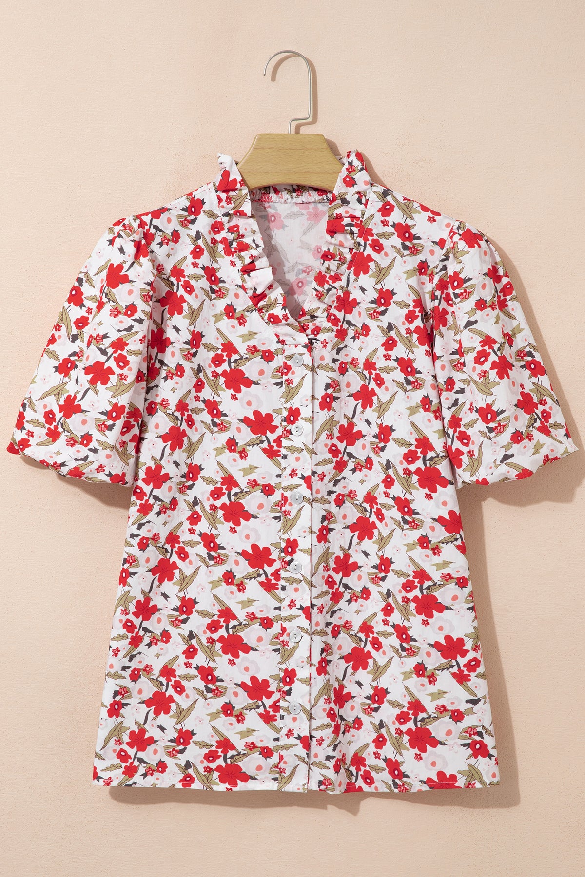 Red Floral Print Short Puff Sleeve Button Front Shirt