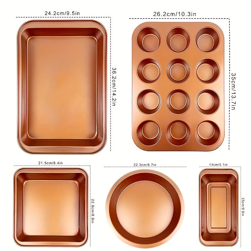 5pcs/set, Nonstick Bakeware Set, Baking Pans Set With Round Cake Pan, Square Cake Pan, Loaf Pan, Muffin Pan & Roasting Pan, Baking Sheet Set Dishwasher Safe Easy Clean For Oven Safe