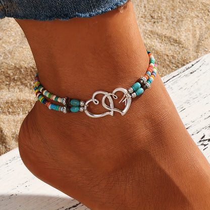 3 Pcs Shimmering Heartfelt Multicolor Beaded Anklet Set - Fashion Delicate Hollow Double Heart Design With Mini Seed Beads, Adjustable Elastic Boho Chic Anklets, Women Anklets, Surf Anklet, A Charm For Everyday Wear And Vacat
