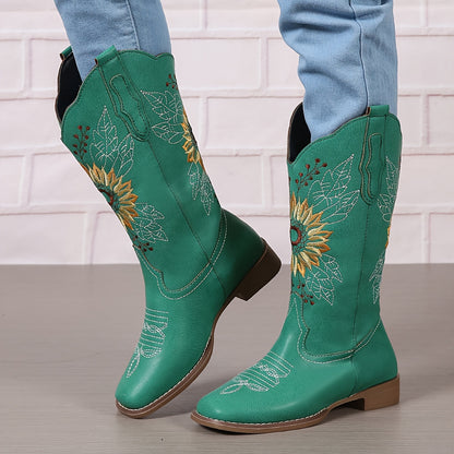 Bestickte Westernstiefel für Damen, mittelhoch, aus Kunstleder, Damenschuhe