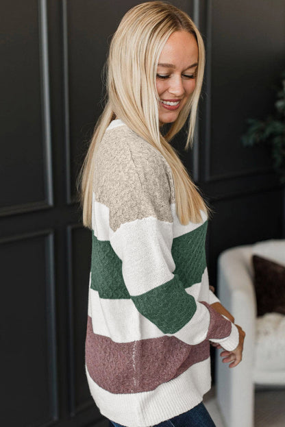 Brown Mixed Texture Knit Striped Color Block Loose Sweater