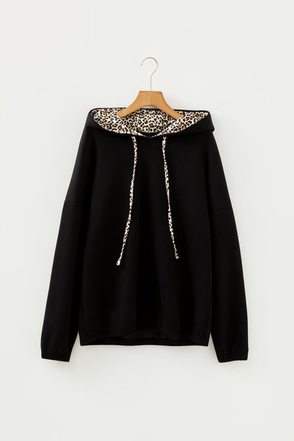 Black Leopard Contrast Drawstring Hood Drop Shoulder Loose Top