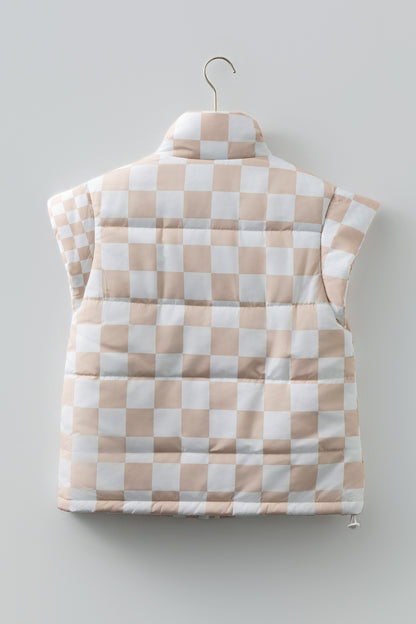 Khaki Contrast Plaid Quilted Button Zip Up Vest