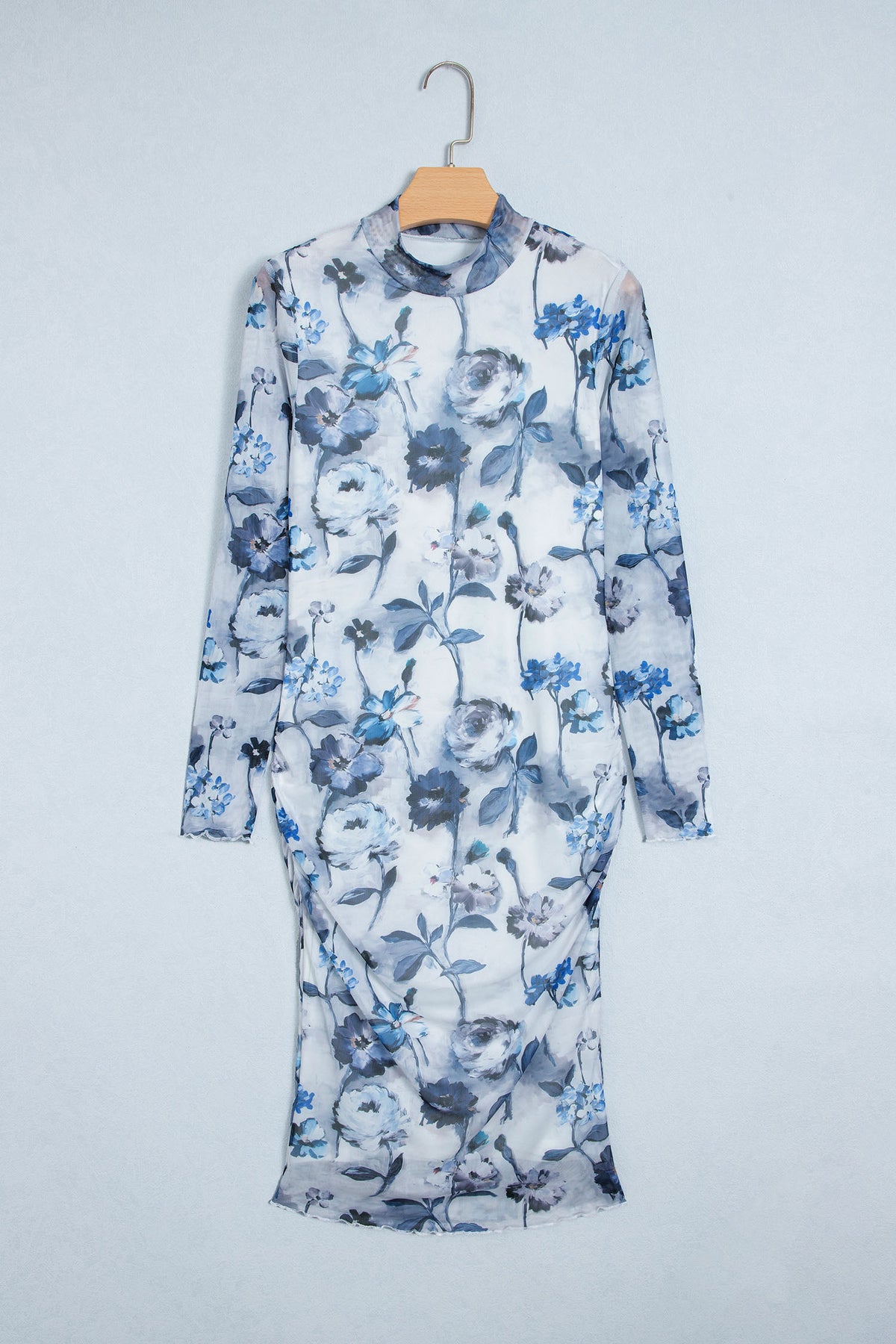 Sky Blue Floral Print Sheath Elegant Long Sleeve Dress