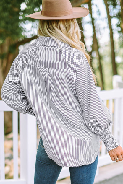 Pink Smocked Cuffed Striped Boyfriend Shirt with Pocket