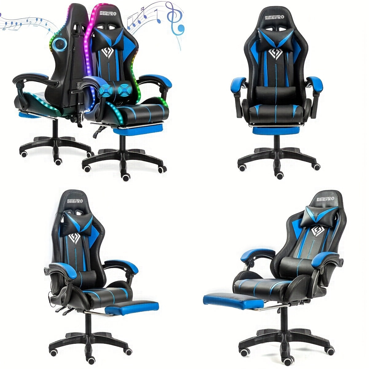 LED Gaming Chair With Wireless Speakers And Massage Big And Tall Video Game Chair For 397lbs With Footrest Reclining High Back Computer Desk Chair