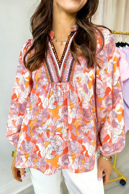 Pink Floral Print V Neck Long Sleeve Shift Blouse