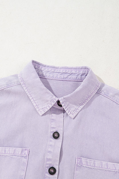 Orchid Petal Short Sleeve Double Chest Pocket Denim Shirt Dress