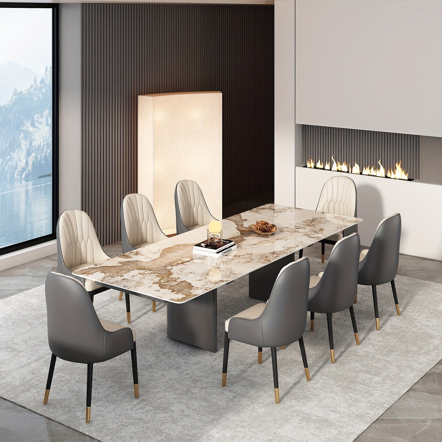 1pc Modern Extendable Dining Table, Rectangular Sintered Stone Top With Stainless Steel Legs, Seats 6-10 People, Adjustable Length 63''-94.5'', Ideal For Kitchen & Dining Room Decor