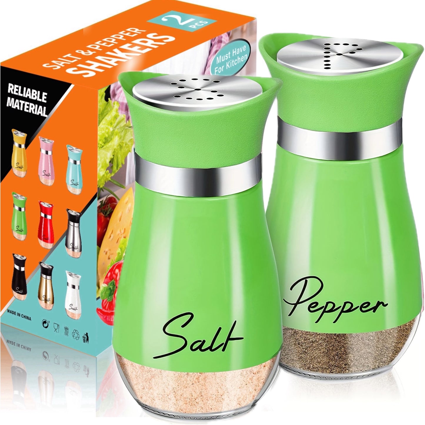 Salt and Pepper Shaker Set, 4oz Glass Bottom Salt and Pepper Shaker, Suitable for Kitchen, Dining Table, RV, Camping, BBQ, Refillable Design (Pink)