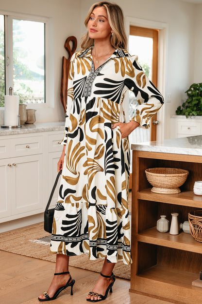 Brown Tropical Printed Contrast Trim Neck Long Sleeve Ruffle Hem Dress