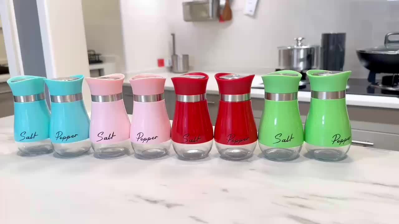 Salt and Pepper Shaker Set, 4oz Glass Bottom Salt and Pepper Shaker, Suitable for Kitchen, Dining Table, RV, Camping, BBQ, Refillable Design (Pink)