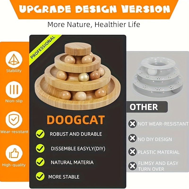 [Interactive Cat Ball Track] 3 Layer Tower Interactive Cat Ball Track | Natural Bamboo Wood with 9 Detachable Balls, Teasing Stick, DIY Circle Toys - Suitable for Kitten's Self-Hi, Boredom, Exercise, Educational Pet Toys