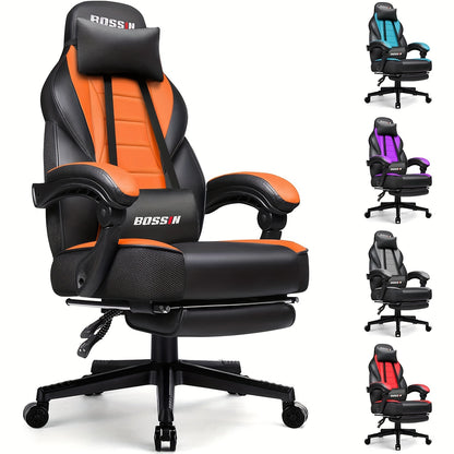 BOSSIN Gaming Chair With Massage, PU Leather Computer Desk Chair With Footrest And Headrest, Ergonomic Heavy Duty Design, Large Size High-Back E-Sports - For Gamers - Suitable for Long Hours of Gaming - Perfect Gift for Gamer