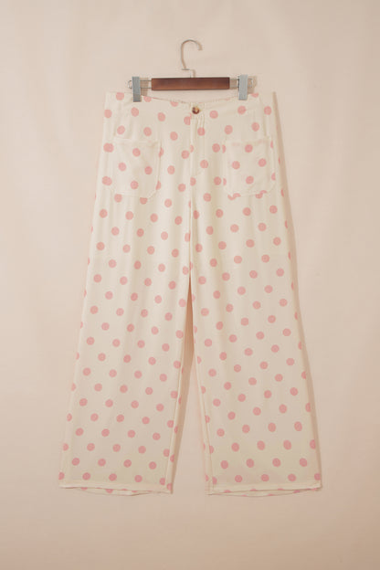 Sky Blue Polka Dot Print Patched Pocket Mid-rise Straight Leg Pants