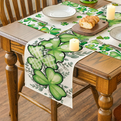 1pc, Linen Table Runner, Shamrocks Eucalyptus Buffalo Plaid Table Runner, Heart Shamrock St. Patrick's Day Table Runner, Seasonal Spring Holiday Kitchen Dining Table Decoration For Indoor Outdoor Home Party Decor