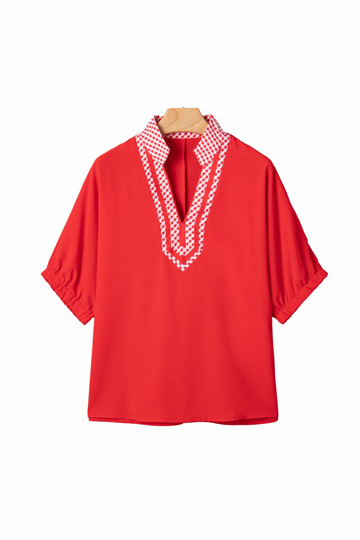 Red V Neck Plaid Collar Short Sleeve Tunic Blouse